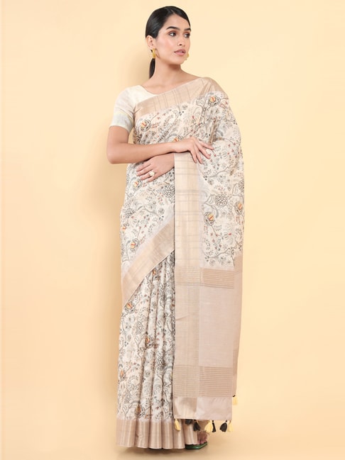 Soch White Silk Printed Saree With Unstitched Blouse Price in India