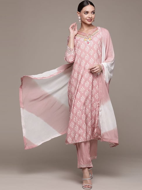 Ishin Mauve Embroidered Kurta Pant Set With Dupatta