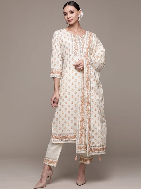 Ishin Cream Printed Kurta Pant Set With Dupatta