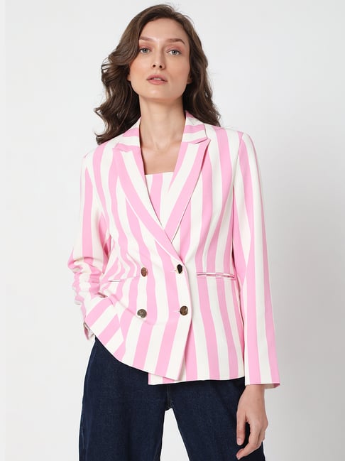 Vero Moda Pink & White Full Sleeves Blazer