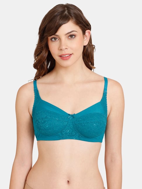 Rosaline by Zivame Teal Lace Non-Padded Double Layered Bra Price in India