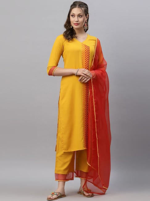 Satrani Mustard Embroidered Kurta Palazzo Set With Dupatta Price in India