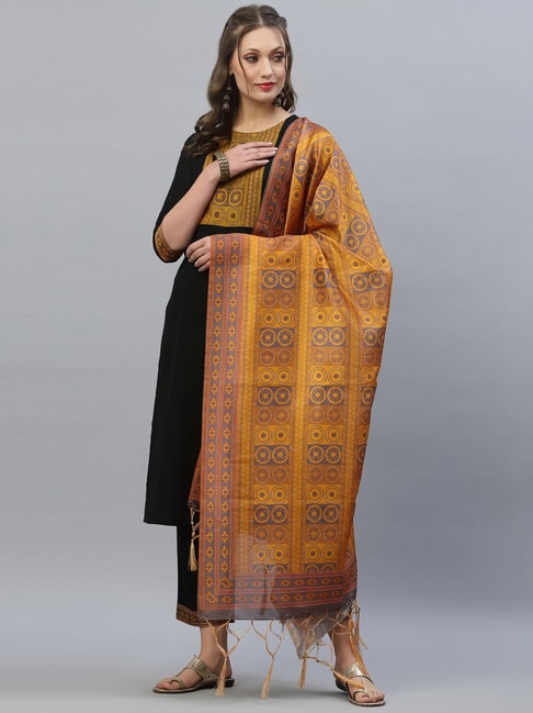 Satrani Black Woven Pattern Kurta Pant Set With Dupatta Price in India