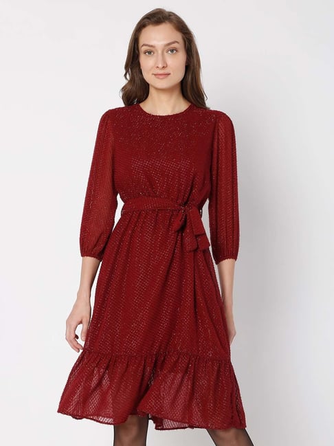 Vero Moda Maroon Self Design Midi A Line Dress