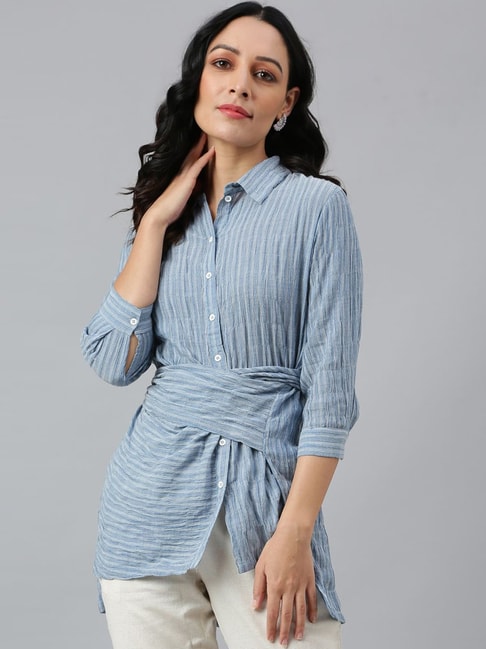 W Blue Cotton Striped Shirt Price in India