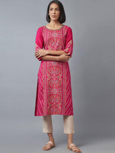 W Fascia Pink Floral Print Kurta Pant Set With Dupatta