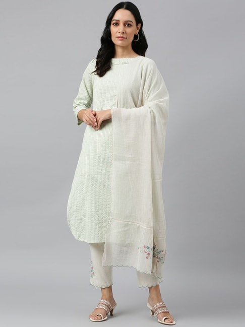 W Pistachio Green Cotton Striped Kurta Pant Set With Dupatta Price in India