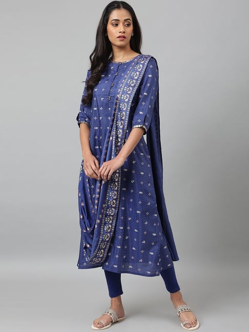 Buy Blue Viscose Chiffon Print Floral Bouquet Notched A-line Kurta Set For  Women by Ritu Kumar Online at Aza Fashions.