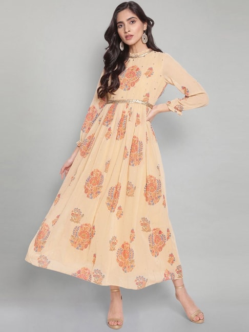 Wishful by W Dull Yellow Floral Print A-Line Dress Price in India