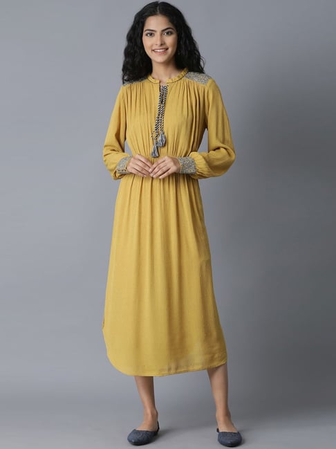 W Mustard A-Line Dress Price in India