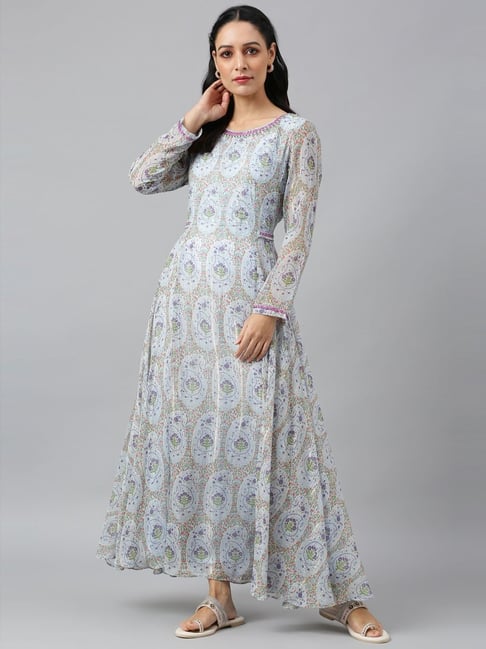 Wishful by W Blue Paisley Print A-Line Dress Price in India