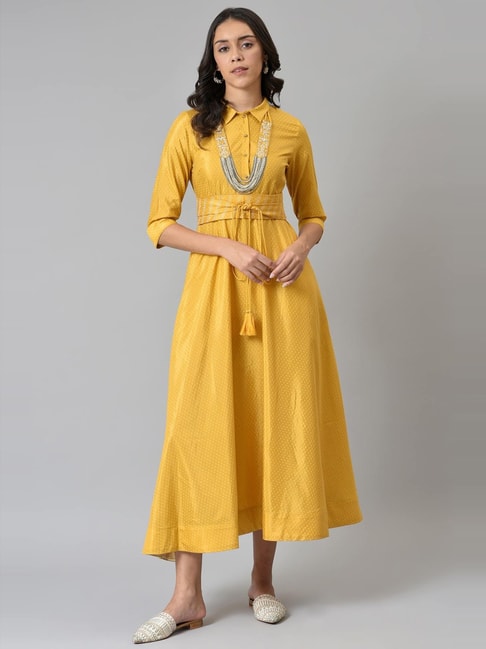 W Mustard Polka Dots A-Line Dress Price in India