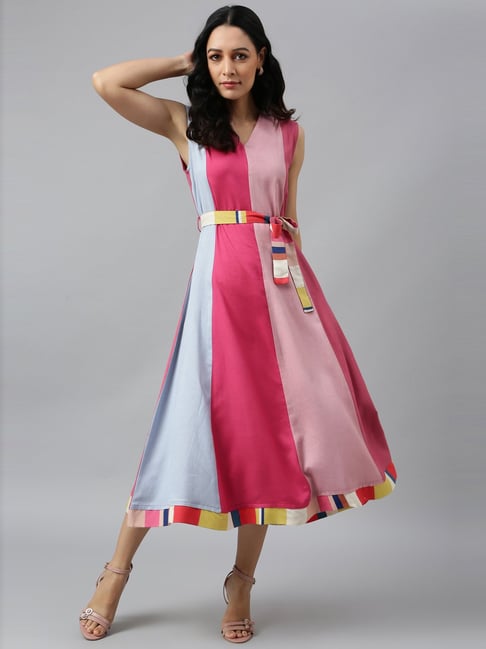 W Multicolored Color-Block Pattern A-Line Dress Price in India