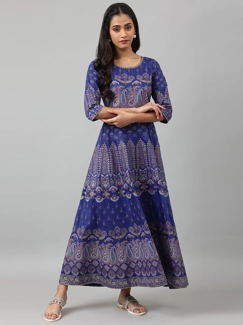 W Indigo Paisley Print A-Line Dress Price in India