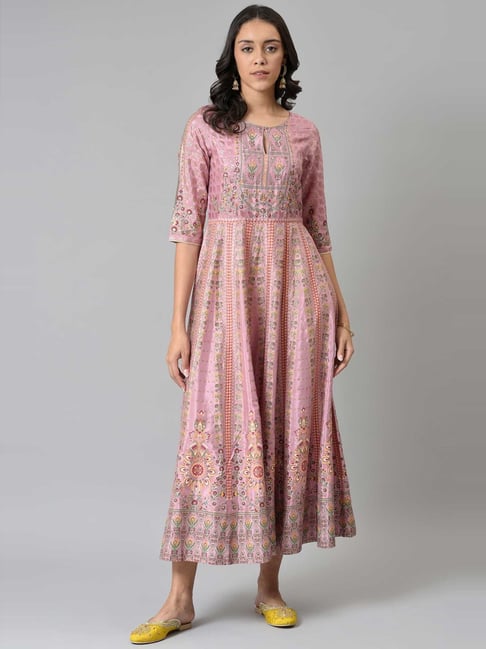 W Champagne Pink Floral Print A-Line Dress Price in India