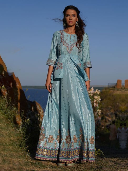 W Aqua Blue Floral Print A-Line Dress Price in India