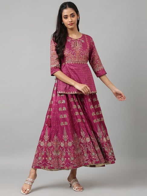 W Grape Floral Print A-Line Dress Price in India