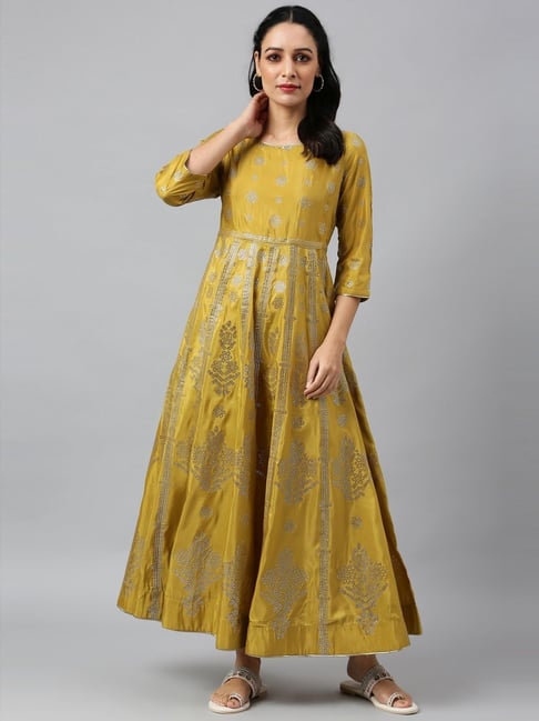 W Celery Yellow Floral Print A-Line Dress Price in India
