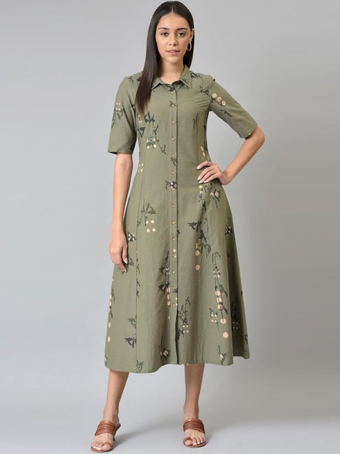 W Olive Green Cotton Floral Print A-Line Dress Price in India