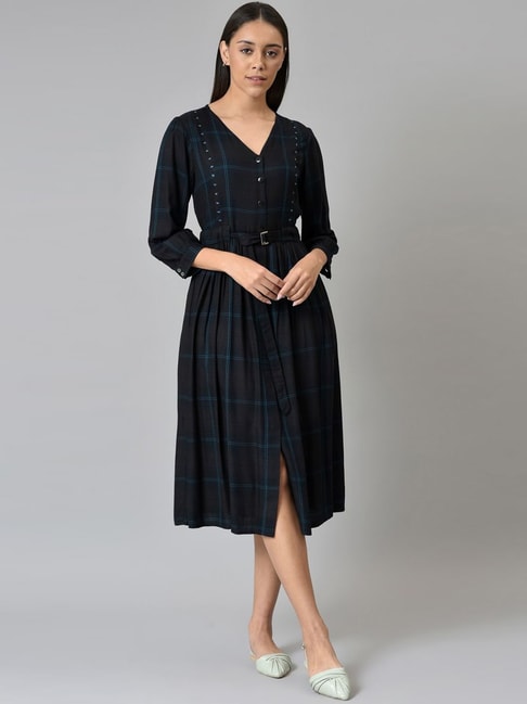 W Black Chequered A-Line Dress Price in India