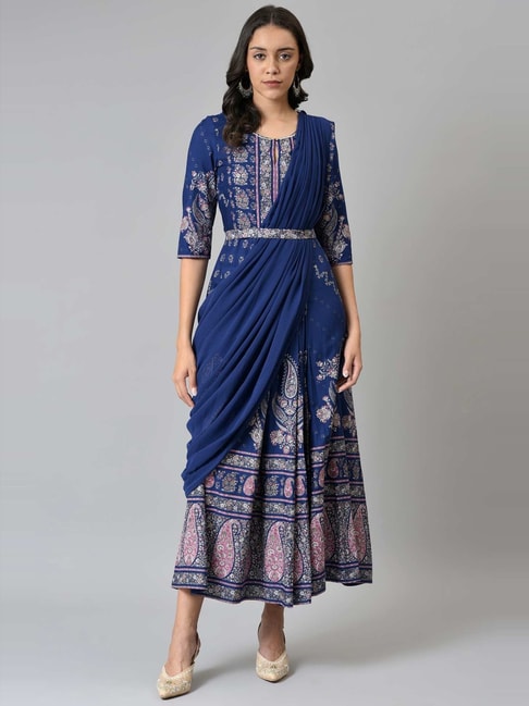W Blue Floral Print A-Line Dress Price in India