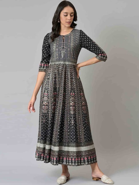 W Black Floral Print A-Line Dress Price in India