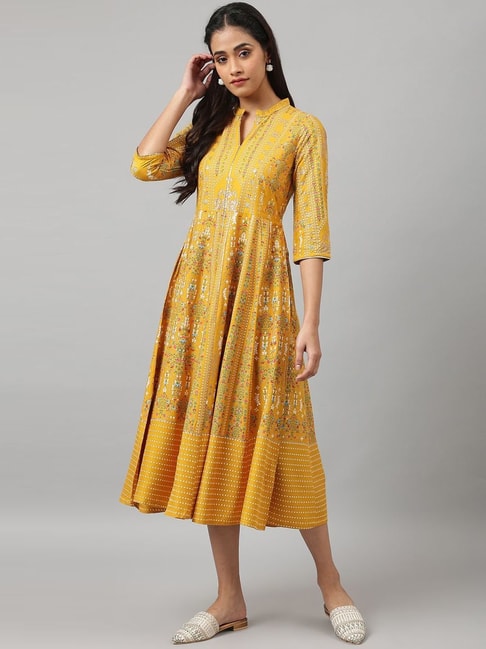 W Mustard Floral Print A-Line Dress Price in India
