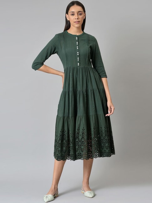 W Green Cotton Floral Print A-Line Dress Price in India