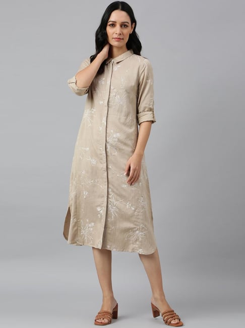 W Beige Floral Print A-Line Dress Price in India