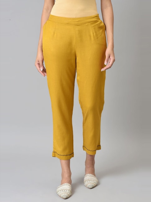 Buy Mustard Yellow Hand Block-Printed Cotton Slub Narrow Pants for Women |  FGNP23-104 | Farida Gupta