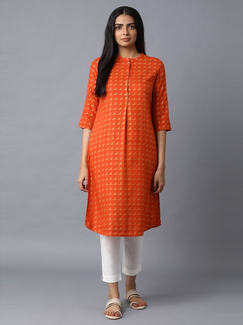 W Orange Printed Straight Kurta Price in India
