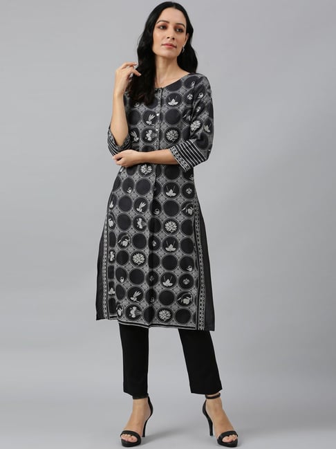 W Midnight Black Floral Print Straight Kurta