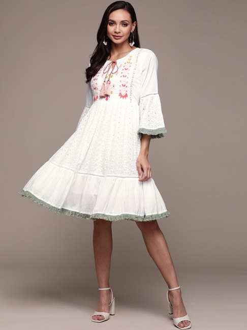 Ishin White Cotton Embroidered A-Line Dress Price in India