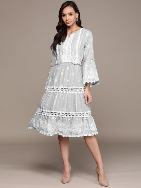 Ishin Grey Cotton Embroidered A-Line Dress Price in India