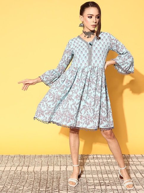 Ishin Powder Blue Cotton Printed A-Line Dress Price in India
