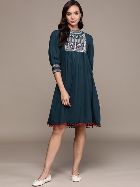 Ishin Teal Blue Embroidered A-Line Dress Price in India