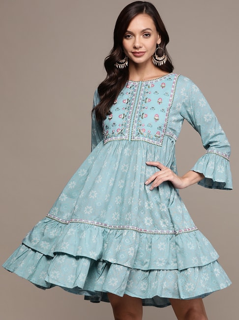Ishin Blue Cotton Embroidered A-Line Dress Price in India