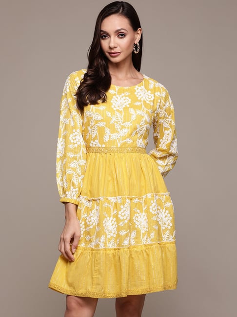 Ishin Mustard Cotton Embroidered A-Line Dress Price in India