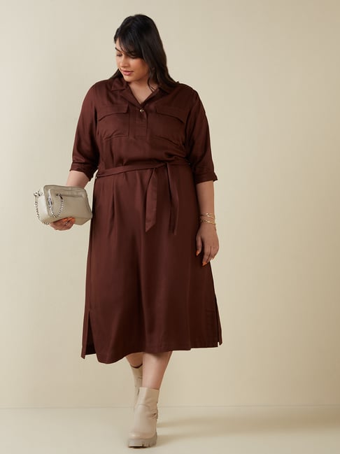 Gia Curves by Westside Dark Brown Shirtdress with Belt Price in India