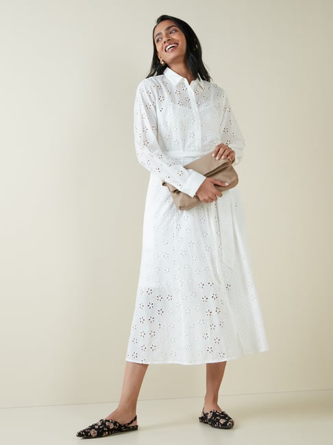 LOV by Westside White Schiffli Shirtdress with Belt Price in India