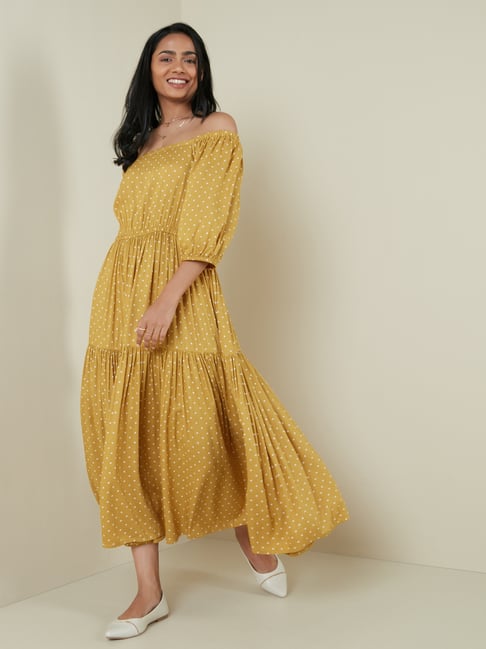 LOV by Westside Mustard Polka-Dot Tiered Dress Price in India
