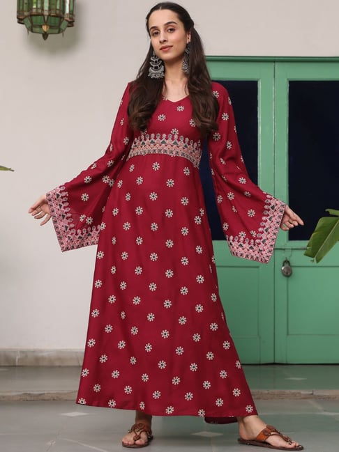 Rustorange Maroon Printed Maxi Dress Price in India