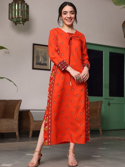 Rustorange Orange Printed Maxi Dress Price in India