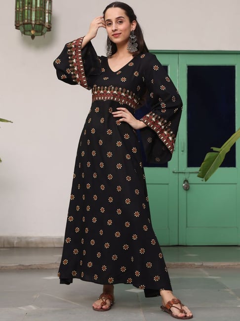 Rustorange Black Printed Maxi Dress Price in India