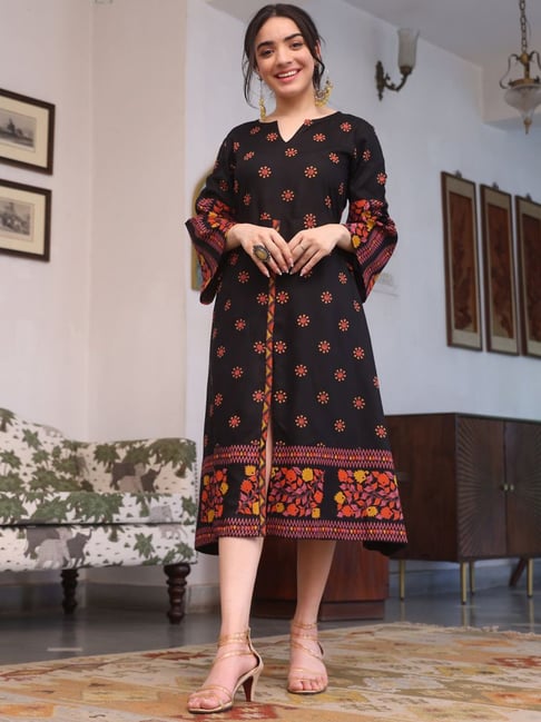 Rustorange Black Printed A-Line Dress Price in India