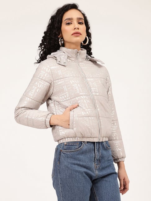 Beige Hoodie Puffer Jacket for Women with Faux Fur Trim – bukkumstore