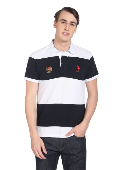 Buy Polo White Cotton Regular Fit Striped Polo T-Shirt