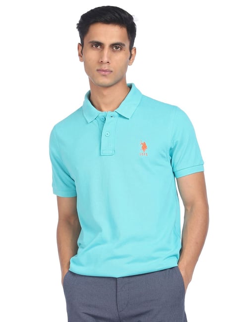 U S Polo Assn U.S. Polo Assn. Light Blue Cotton Regular Fit Polo T-Shirt