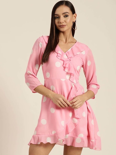 Qurvii Pink Polka Dots A Line Dress Price in India