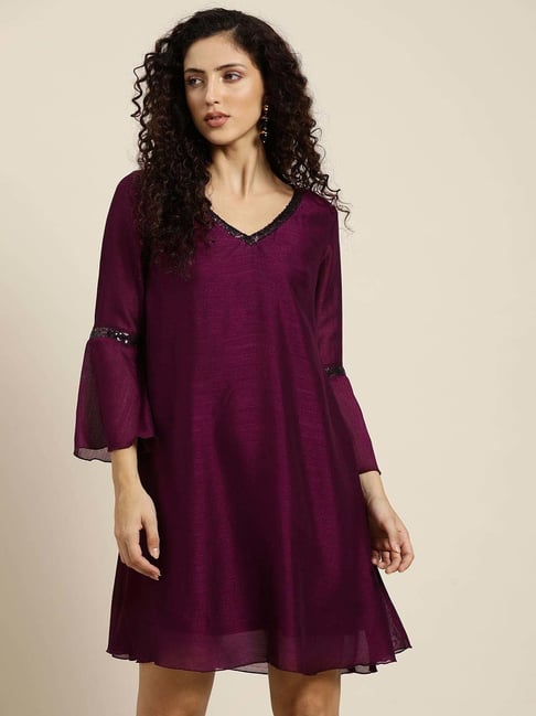Qurvii Wine Embellished A Line Dress Price in India